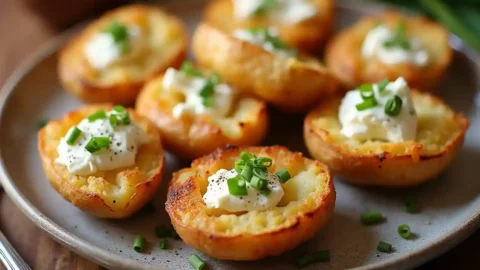 Golden Cottage Cheese Air Fryer Baked Potato Skins, crispy and filled with creamy cottage cheese, garnished with fresh chives.