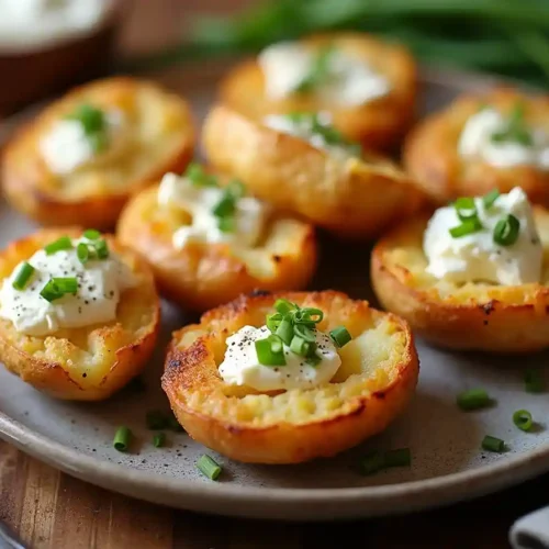 Golden Cottage Cheese Air Fryer Baked Potato Skins, crispy and filled with creamy cottage cheese, garnished with fresh chives.