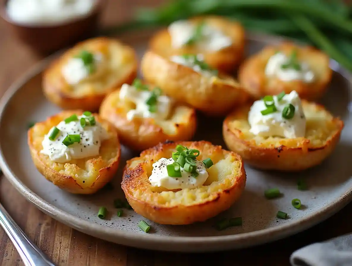 Golden Cottage Cheese Air Fryer Baked Potato Skins, crispy and filled with creamy cottage cheese, garnished with fresh chives.