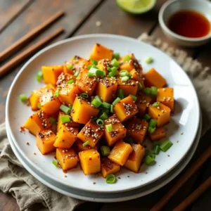 Vegan Chinese-Inspired Roasted Kabocha Squash garnished with sesame seeds and scallions on a white plate.