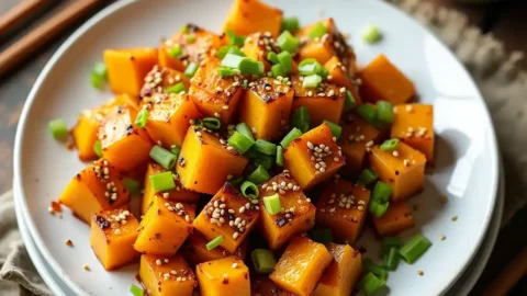 Vegan Chinese-Inspired Roasted Kabocha Squash garnished with sesame seeds and scallions on a white plate.