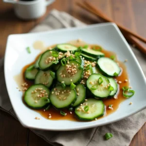 Din Tai Fung-inspired cucumber salad served on a white plate with sesame seeds and green onions.