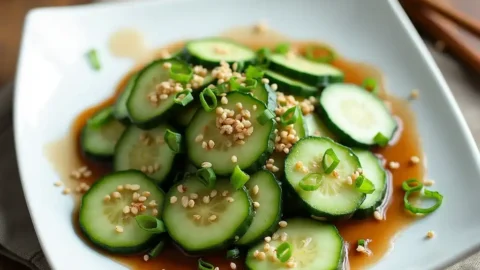 Din Tai Fung-inspired cucumber salad served on a white plate with sesame seeds and green onions.