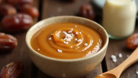 A bowl of creamy date caramel with Medjool dates and a wooden spoon