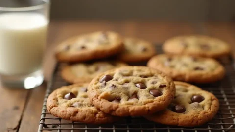 Freshly baked Nestle Toll House chocolate chip cookies on a cooling rack with a glass of milk.