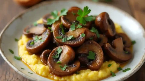 A vegan dish with sautéed wild mushrooms on creamy polenta, garnished with parsley, served on a rustic table with bread.