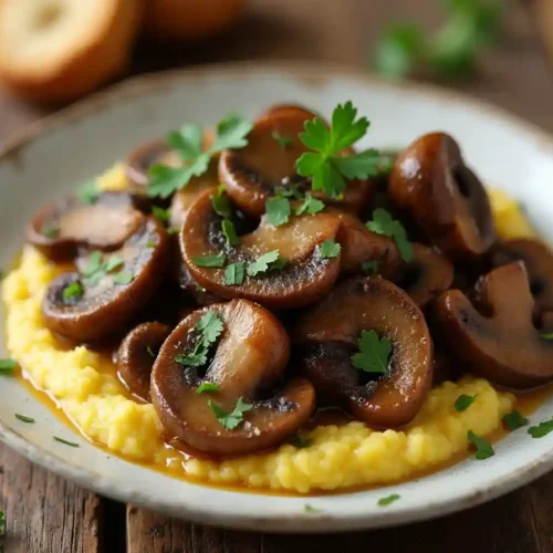 A vegan dish with sautéed wild mushrooms on creamy polenta, garnished with parsley, served on a rustic table with bread.