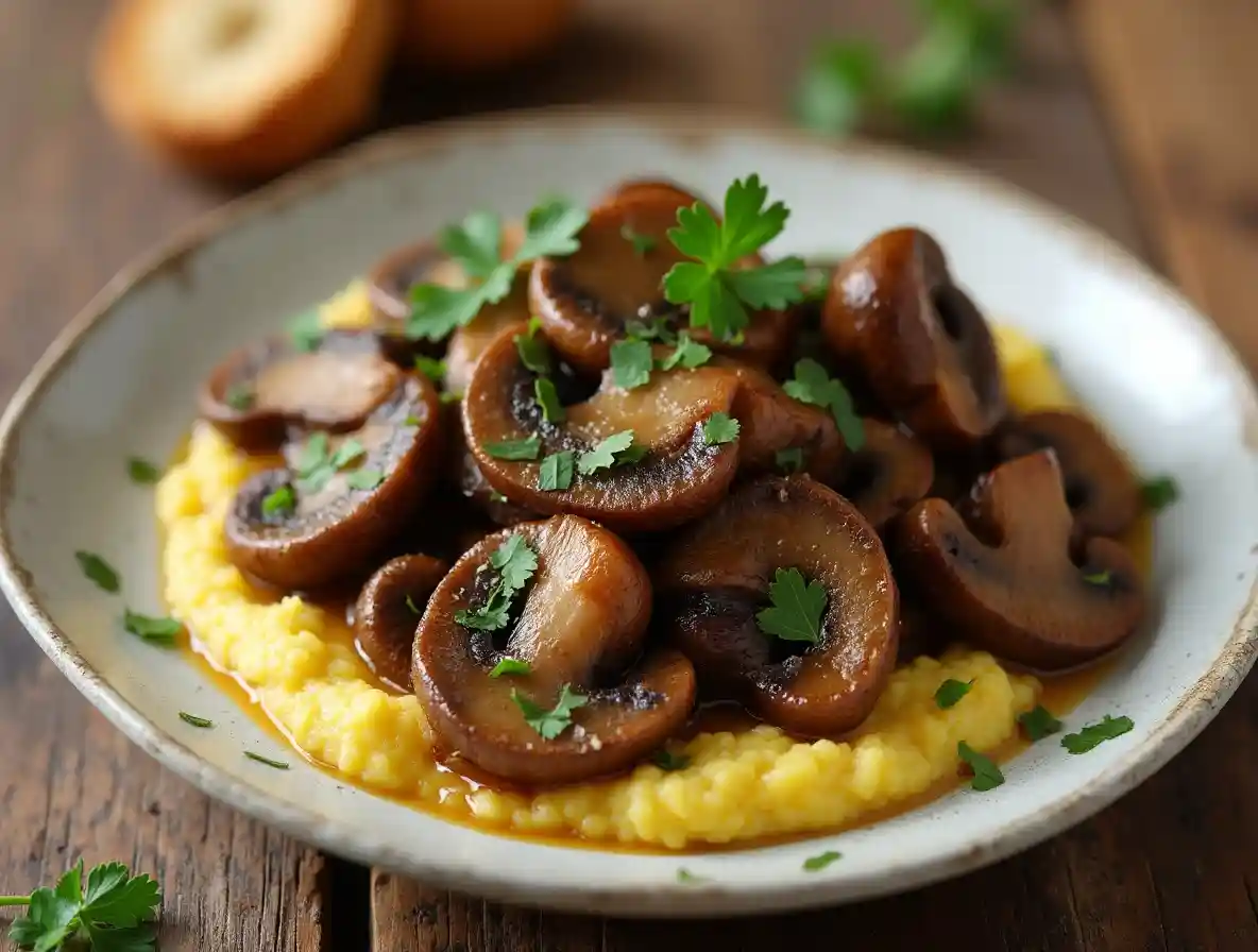 A vegan dish with sautéed wild mushrooms on creamy polenta, garnished with parsley, served on a rustic table with bread.