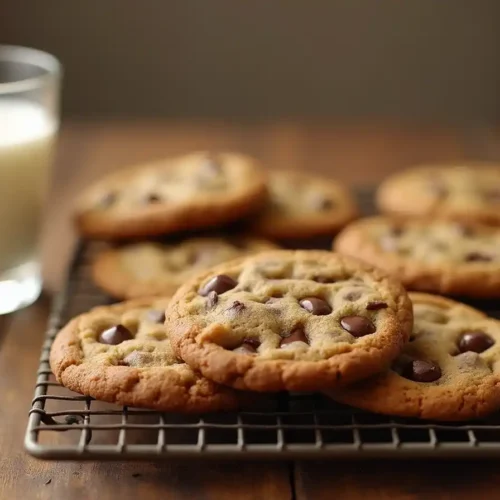 Freshly baked Nestle Toll House chocolate chip cookies on a cooling rack with a glass of milk.