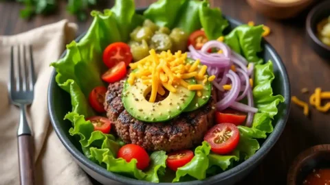 Healthy burger bowl with fresh vegetables, grilled beef, and creamy dressing on a wooden table.