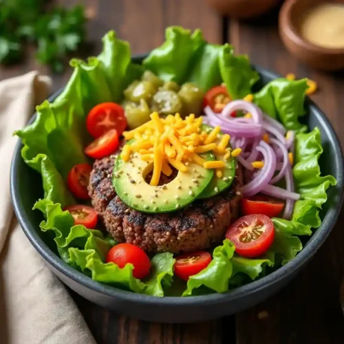 Healthy burger bowl with fresh vegetables, grilled beef, and creamy dressing on a wooden table.