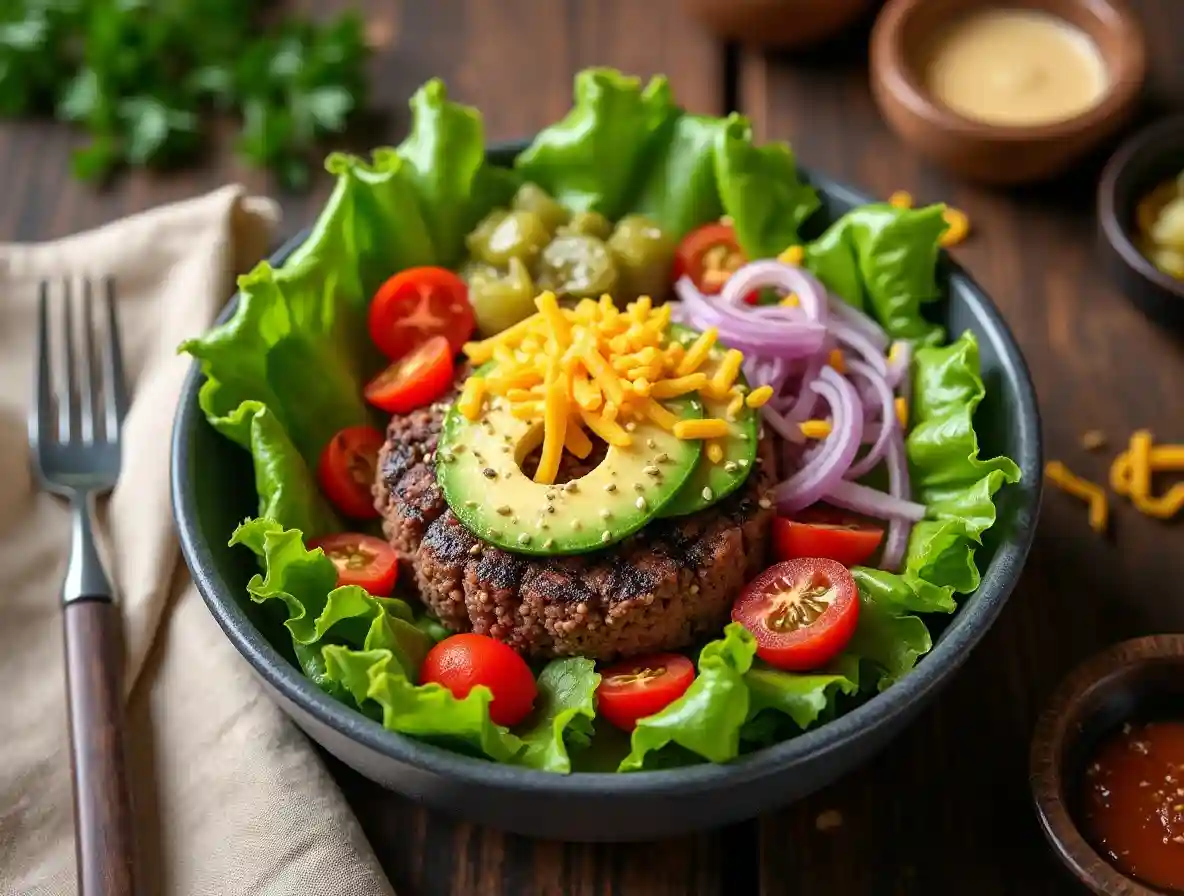 Healthy burger bowl with fresh vegetables, grilled beef, and creamy dressing on a wooden table.