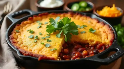 A cornbread-topped chili pie in a cast-iron skillet with garnishes.