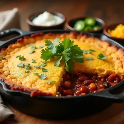 A cornbread-topped chili pie in a cast-iron skillet with garnishes.