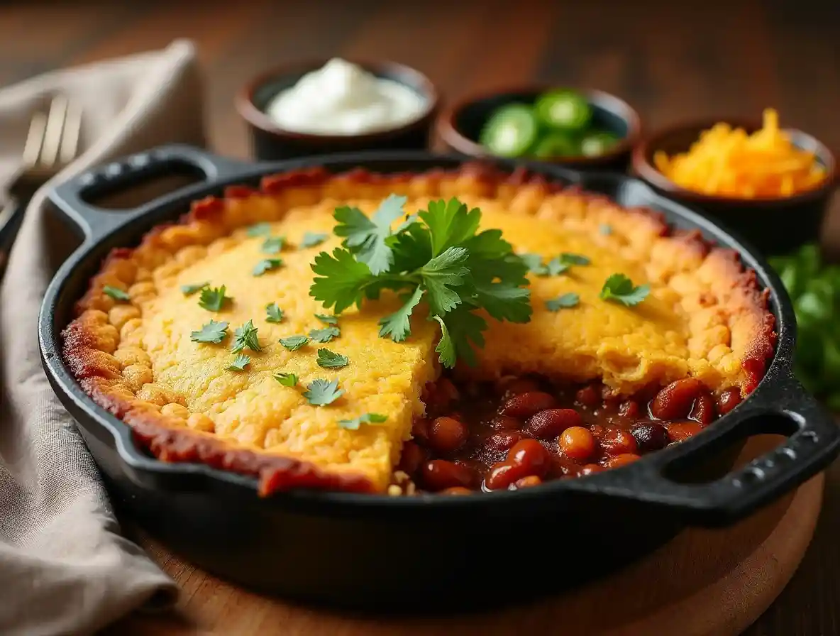 A cornbread-topped chili pie in a cast-iron skillet with garnishes.