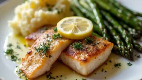 Perfectly cooked steelhead trout garnished with lemon, dill, and served with roasted asparagus and garlic mashed potatoes.