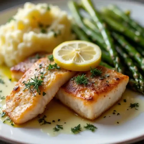 Perfectly cooked steelhead trout garnished with lemon, dill, and served with roasted asparagus and garlic mashed potatoes.