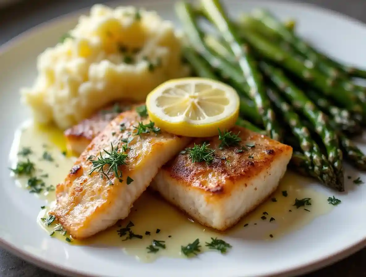 Perfectly cooked steelhead trout garnished with lemon, dill, and served with roasted asparagus and garlic mashed potatoes.