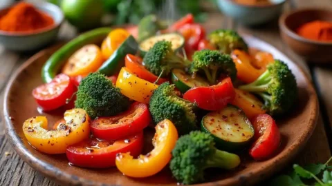 A vibrant dish of spicy roasted vegetables with bell peppers, broccoli, zucchini, and carrots, garnished with herbs and spices.