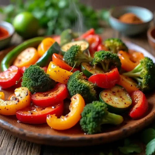 A vibrant dish of spicy roasted vegetables with bell peppers, broccoli, zucchini, and carrots, garnished with herbs and spices.