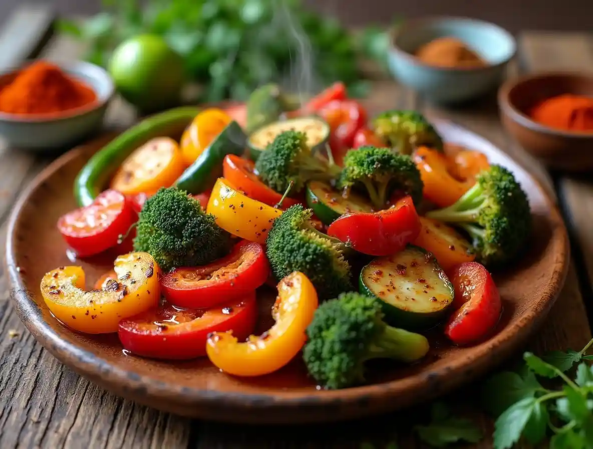 A vibrant dish of spicy roasted vegetables with bell peppers, broccoli, zucchini, and carrots, garnished with herbs and spices.