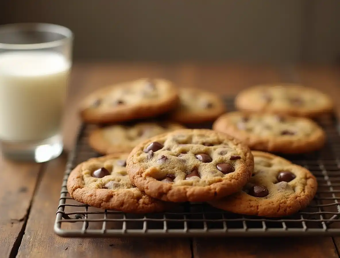 Freshly baked Nestle Toll House chocolate chip cookies on a cooling rack with a glass of milk.