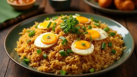 Anjappar Egg Fried Rice served in a rustic South Indian-style setting, garnished with spring onions and paired with side dishes