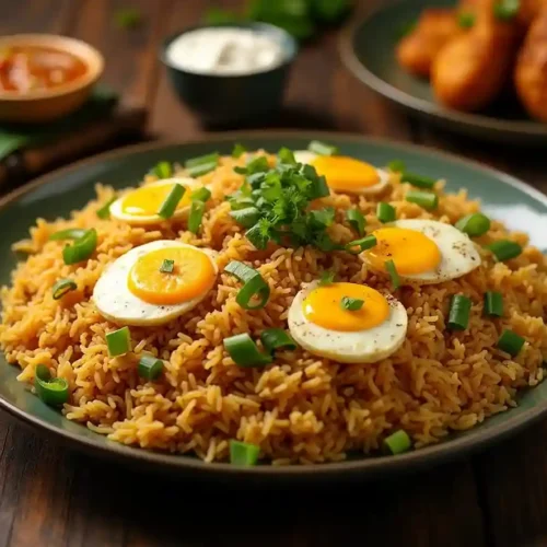 Anjappar Egg Fried Rice served in a rustic South Indian-style setting, garnished with spring onions and paired with side dishes