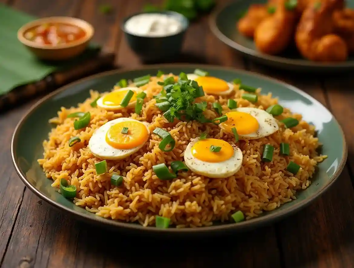 Anjappar Egg Fried Rice served in a rustic South Indian-style setting, garnished with spring onions and paired with side dishes