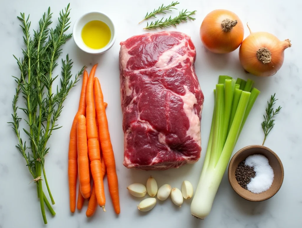 Fresh venison roast ingredients including herbs, garlic, and vegetables.