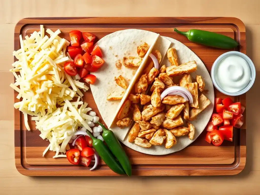 Applebee's Chicken Quesadilla ingredients, including cheese, chicken, tortillas, tomatoes, onions, and jalapeños on a wooden cutting board.