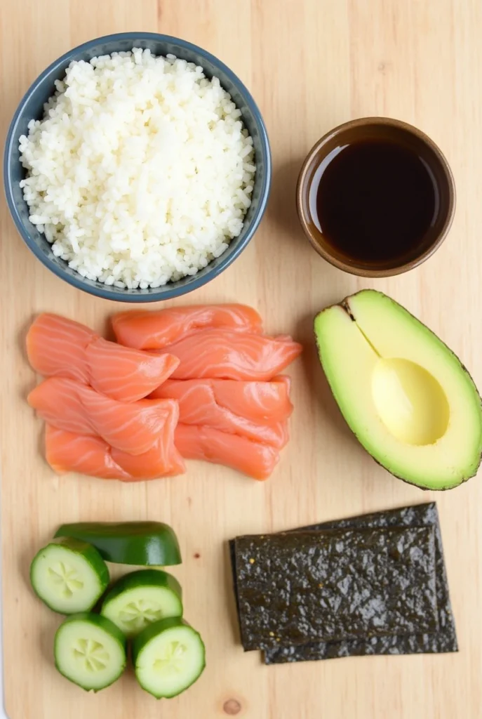 Overhead view of fresh sushi ingredients like salmon, avocado, nori, and sushi rice on a wooden surface.