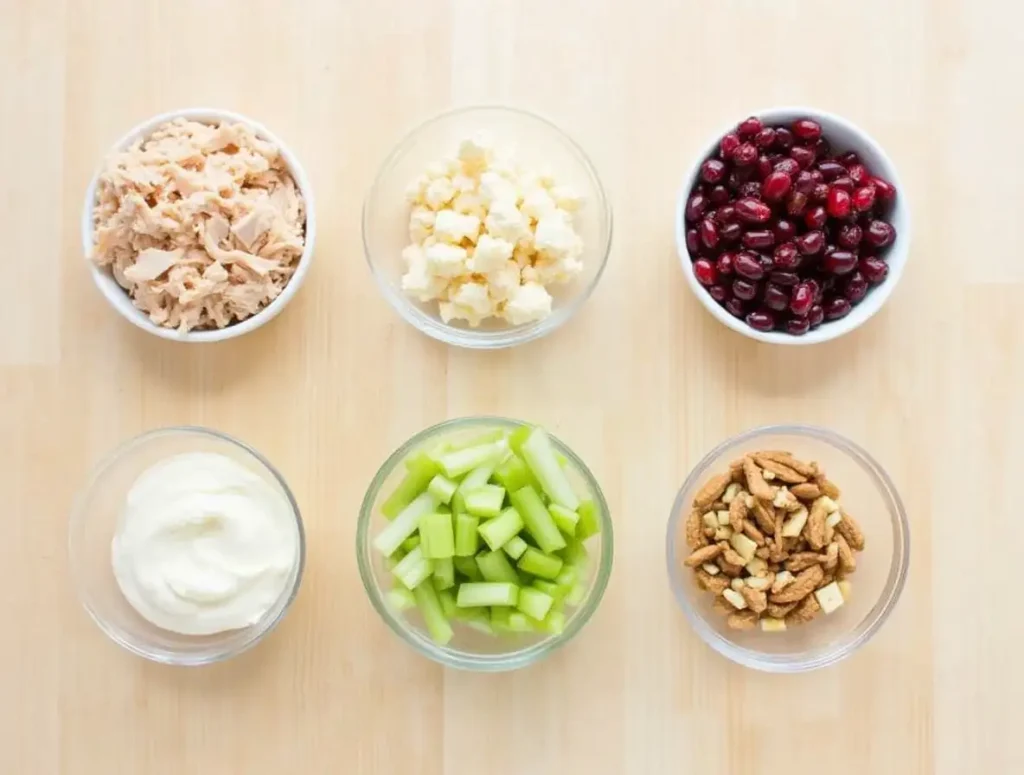 Ingredients for premade chicken salad, including chicken, mayo, celery, cranberries, and nuts.