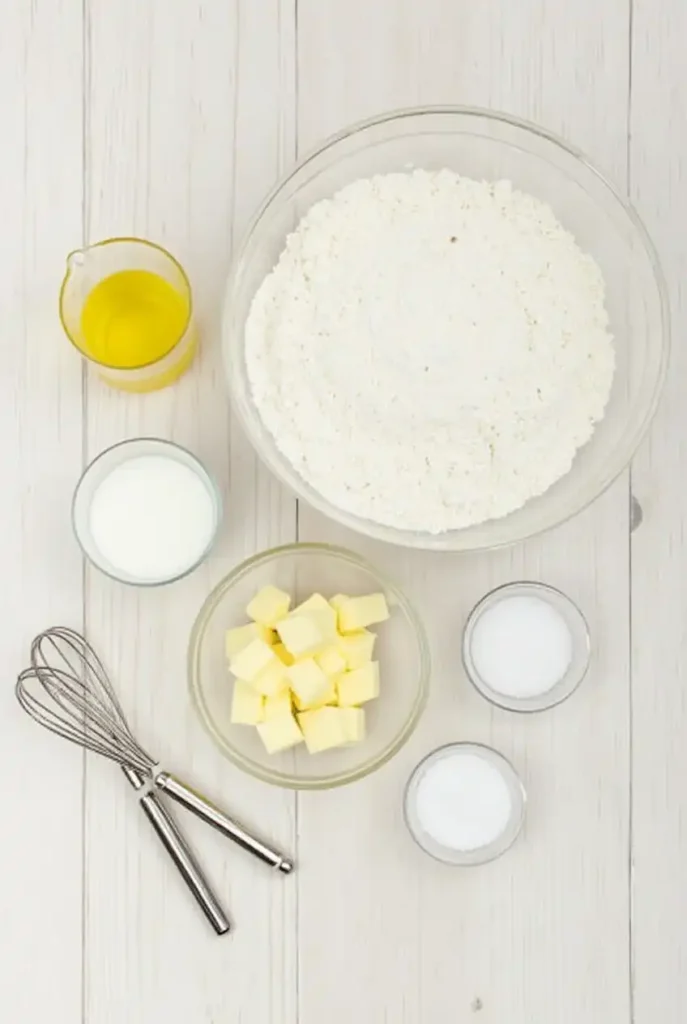 Ingredients for no-yeast dinner rolls arranged on a wooden surface.