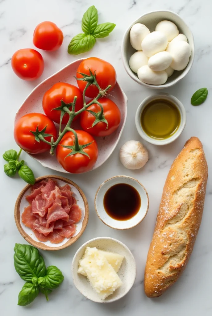 A flat lay of fresh ingredients for appetizers for lasagna dinner, featuring tomatoes, basil, mozzarella, garlic, olive oil, and bread on a marble surface.