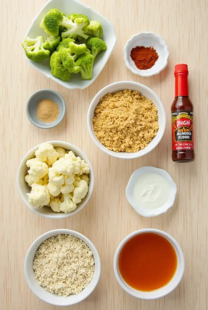 Fresh ingredients for cauliflower spicy chicken tenders, including cauliflower florets, breadcrumbs, spices, and hot sauce, displayed on a wooden surface.