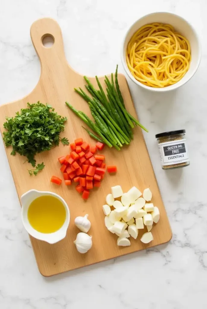 Chopped vegetables, garlic, olive oil, and gluten-free pasta displayed on a wooden cutting board with a jar labeled 'Gluten-Free Essentials'.