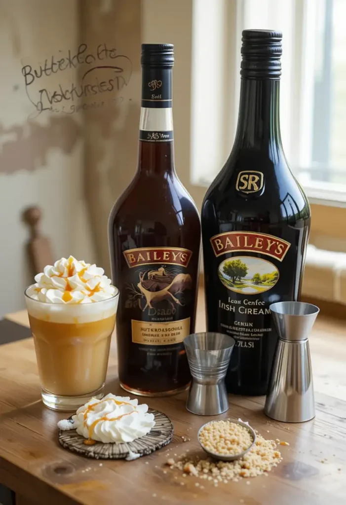  Ingredients for Buttery Nipple Recipe, including schnapps, Baileys, and garnishes.