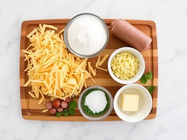 Ingredients for making cheesy sausage balls, including shredded cheddar cheese, raw sausage, flour, baking powder, butter, and fresh herbs, arranged on a wooden board.