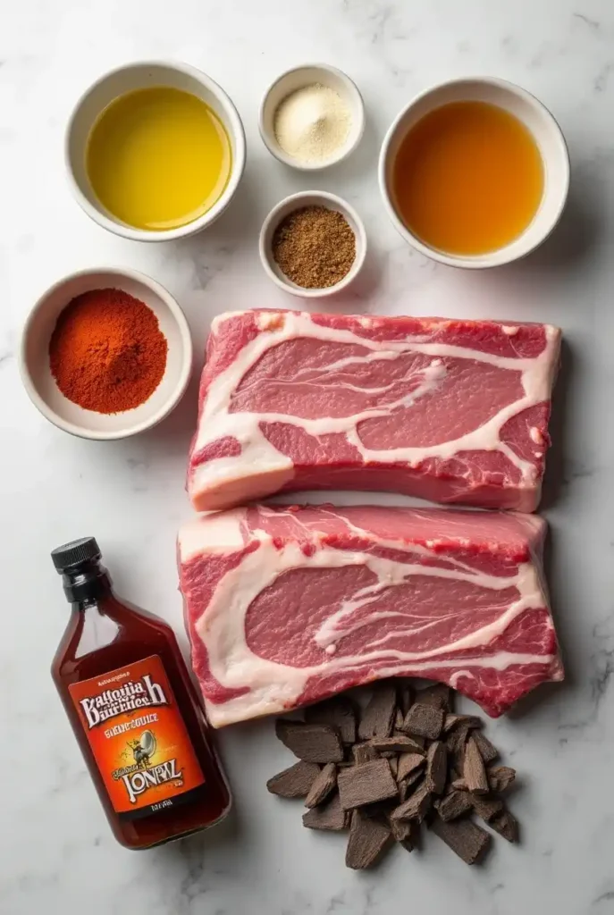 Ingredients for beef back ribs, including raw ribs, olive oil, spices, BBQ sauce, honey, and wood chips, displayed neatly on a wooden surface.