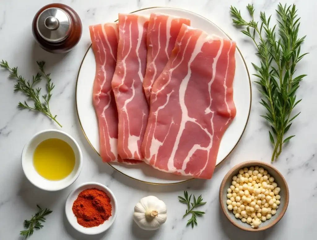 Ingredients for beef bacon recipe, including bacon strips, olive oil, spices, and herbs.