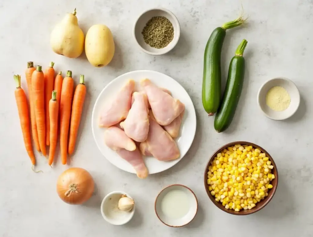 Ingredients for caldo de pollo, including chicken, fresh vegetables, and spices.