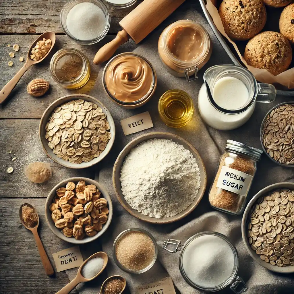 Ingredients for bread grain recipe, including whole grain flour, peanut butter, oats, sugar, and yeast.