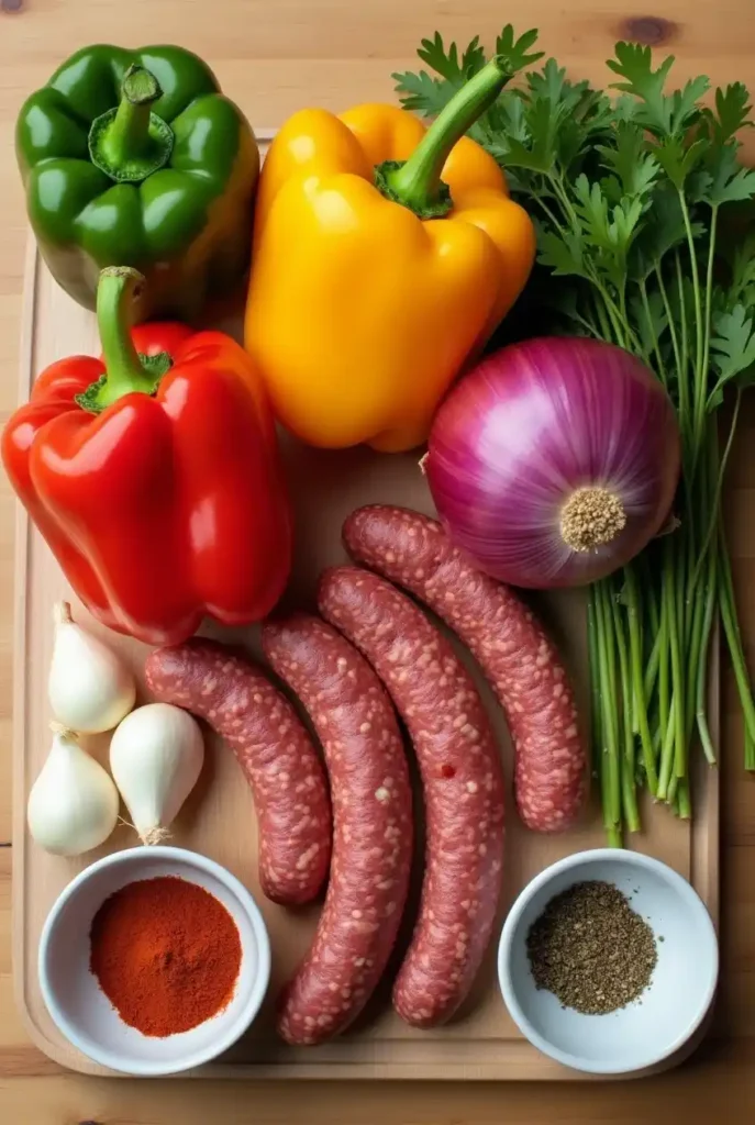 Flat lay of fresh ingredients for a beef sausage dish, including sausages, vegetables, and spices.