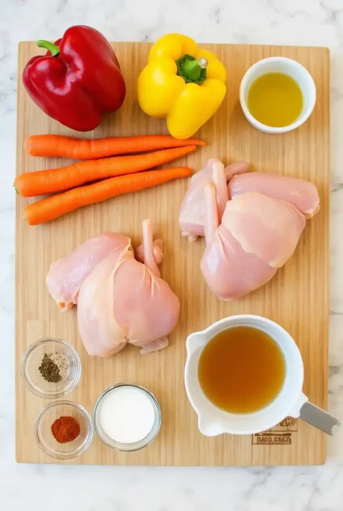 Fresh ingredients for a Ninja Foodi recipe, including chicken, vegetables, olive oil, and spices, on a wooden board.