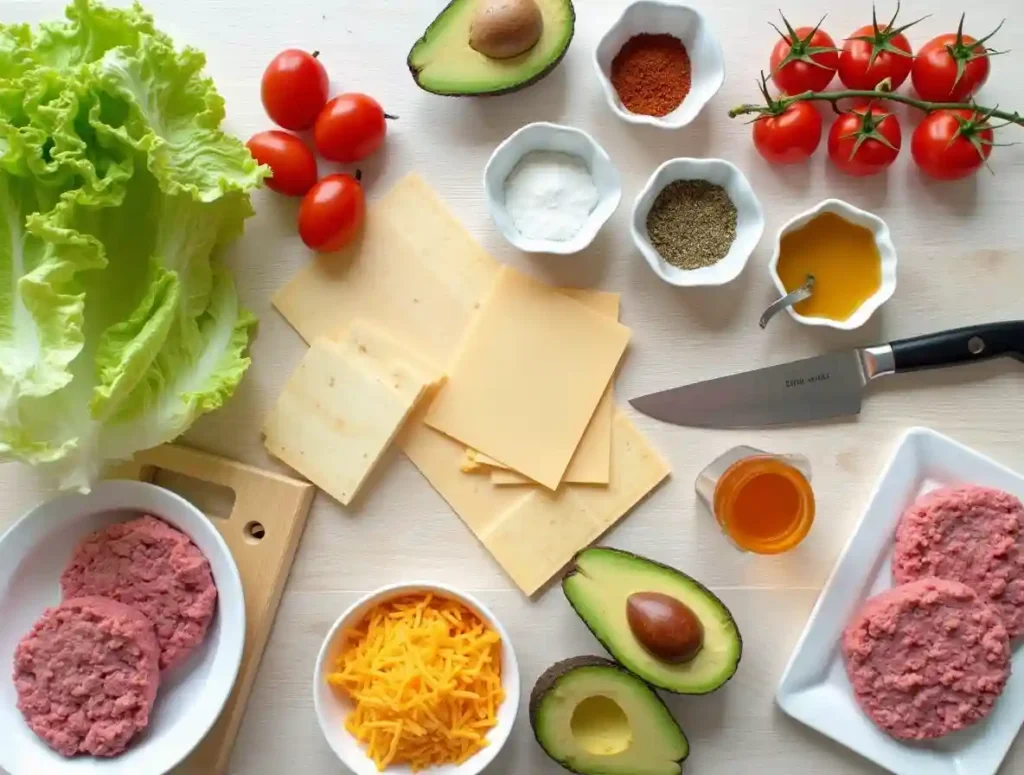 Flat lay of fresh ingredients for a burger bowl recipe on a wooden surface.