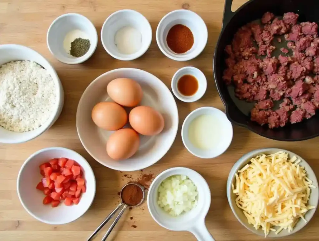 Ingredients for cornbread-topped chili pie neatly arranged on a wooden table.