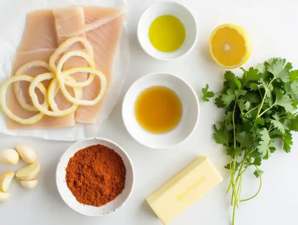 Steelhead trout recipe ingredients displayed on a rustic table.