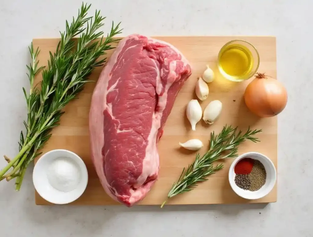 Ingredients for roast beef recipe arranged on a wooden board.