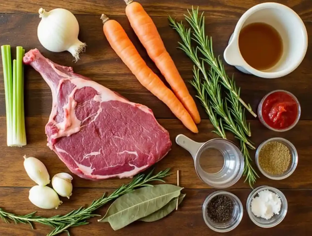 Fresh ingredients for a Bone In Shank Recipe in Pressure Cooker, including bone-in beef shank, vegetables, herbs, spices, and broth, ready for cooking.